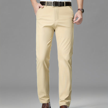 Men's Lightweight Summer Casual Pants, Slim Straight Fit, Polyester, Mid-Rise, Built-in Zipper, Regular Length - Ideal for Casual Attire