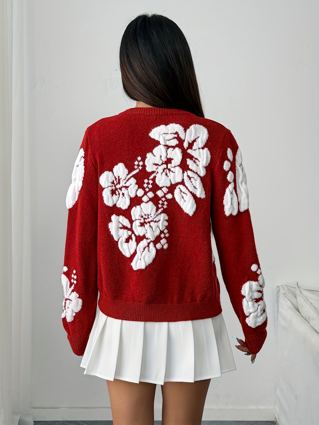 Women'S Red Sweater - Long Sleeve Button-Front Cardigan with Elegant Loose Fit, Round Neck Winter Sweater for Everyday & Formal Outfits, Non-Transparent Fall/Winter Sweater for Casual Formal Events, Winter Sweater, Seasonal F