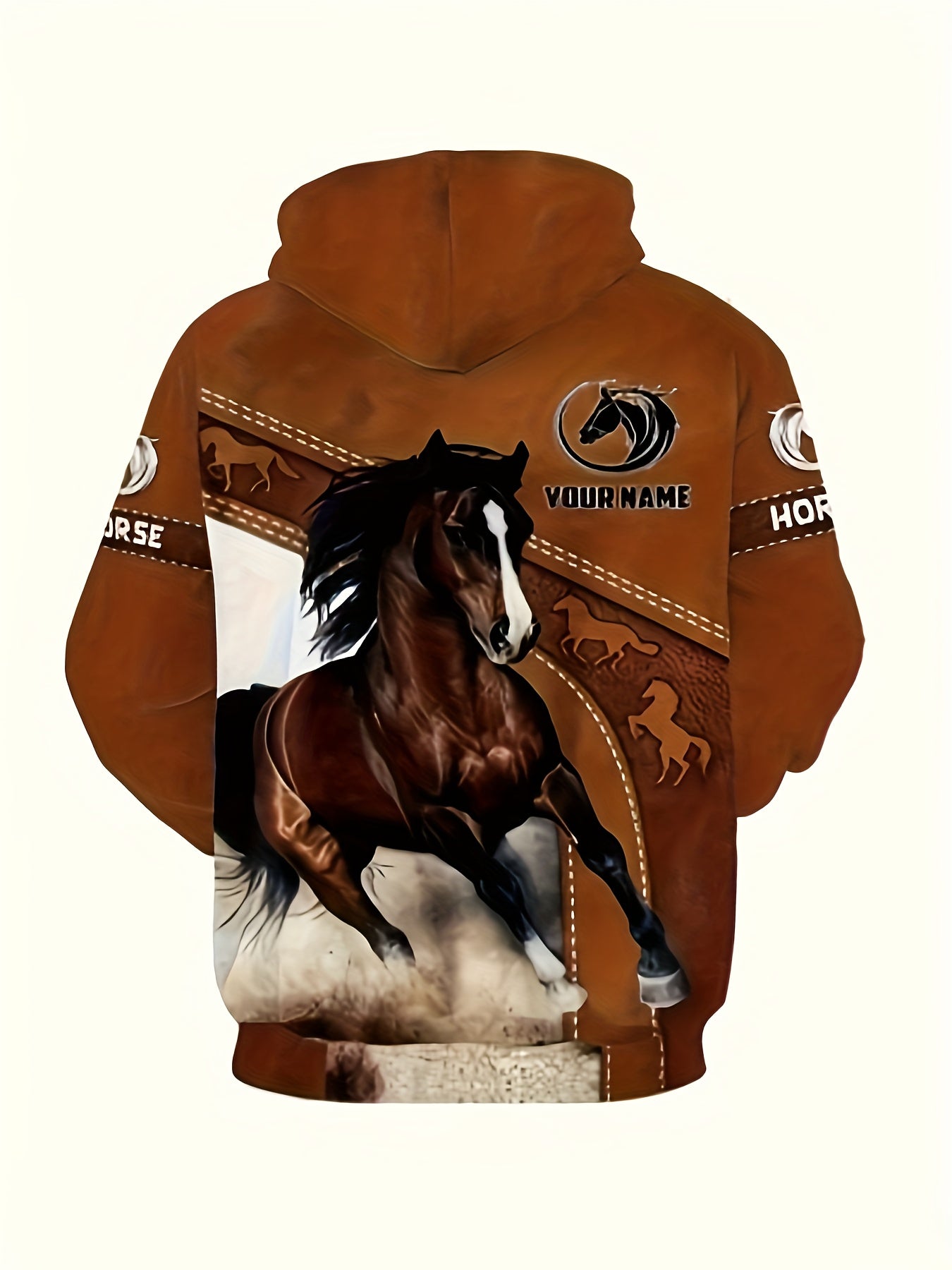 Men's Western Horse Print Hooded Sweatshirt - 3D Horse & Cowboy Design, Brown/Beige Casual Pullover, Warm Winter Sweater for Equestrian Events & Casual Attire, Machine Washable, Ideal Gift for Horse Lovers