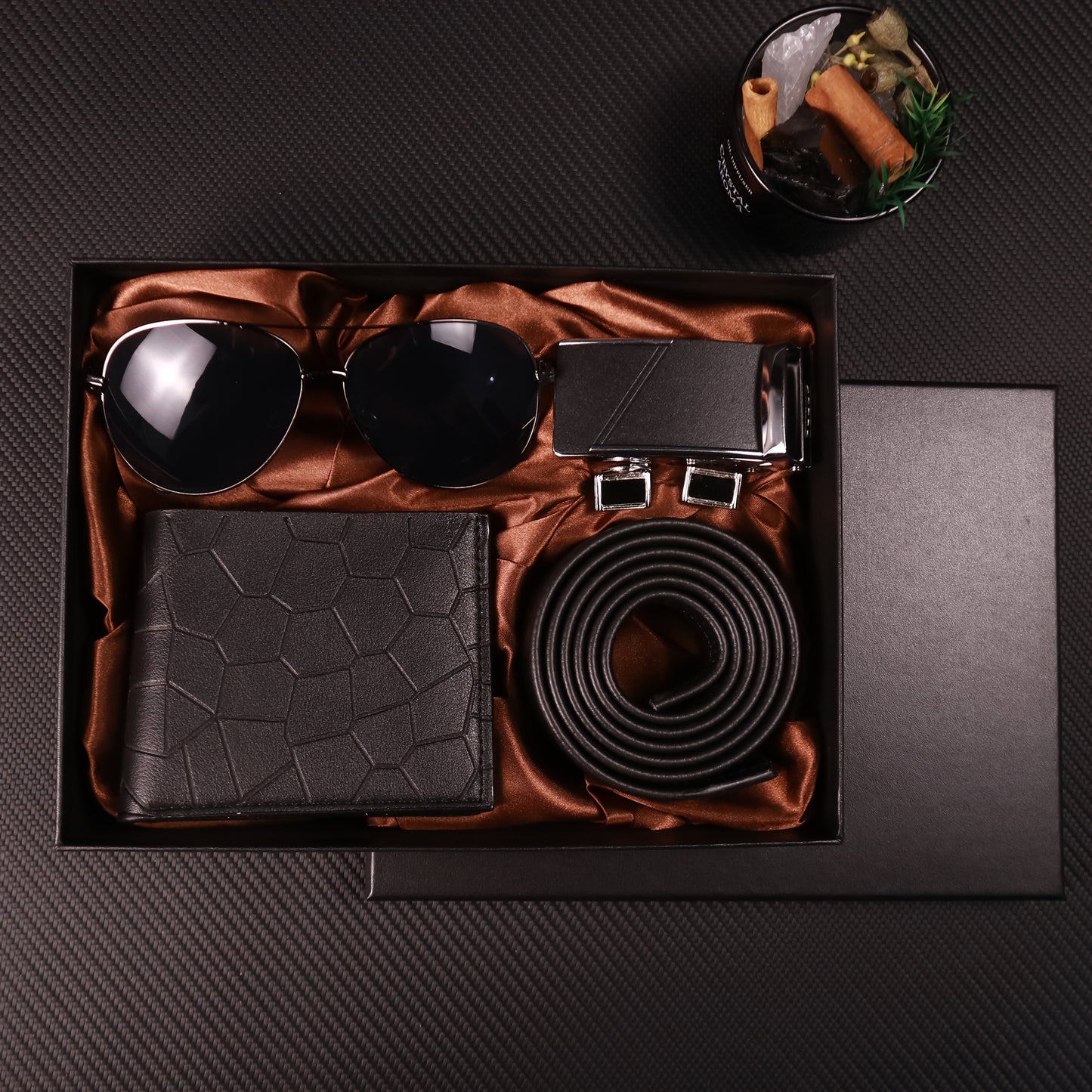 Men's 7pcs Business Gift Box Set: Textured Fashion Glasses, Matte Gunmetal Buckle, Comfortable Belt, Wallet, Fashionable Cufflinks, Elegant Gift Box – Perfect for Father's Day, Teacher's Day, Graduation, Christmas, Valentin