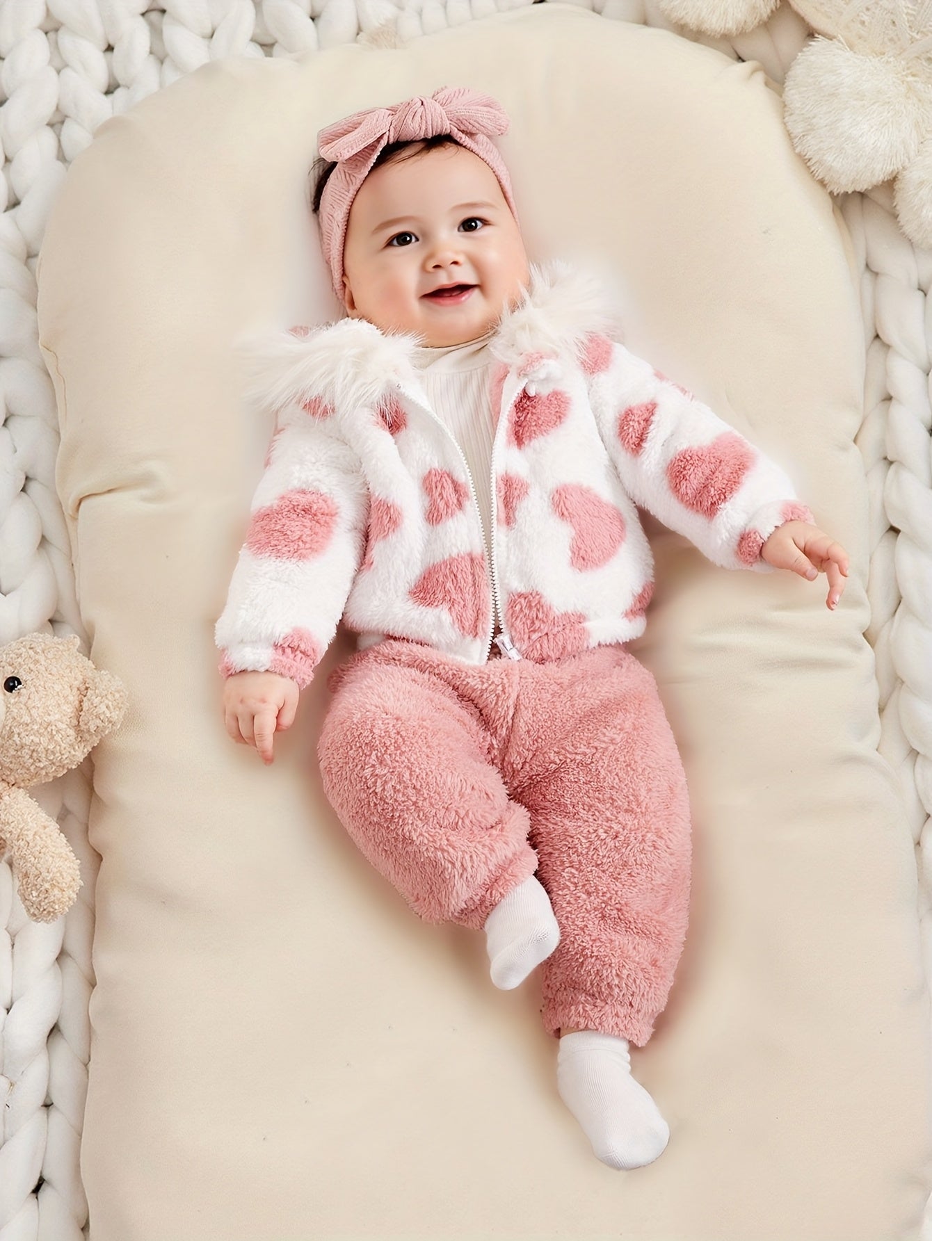 A Set of Warm Clothes for Baby Girls, Warm Hooded Fleece Jacket, Cardigan Top + Elastic Waist Warm Pants, Autumn And Winter Style, Cute Cold-Proof Jacket for Girls, Fur Zipper Outerwear, Outdoor Clothing Set, Newborn Children