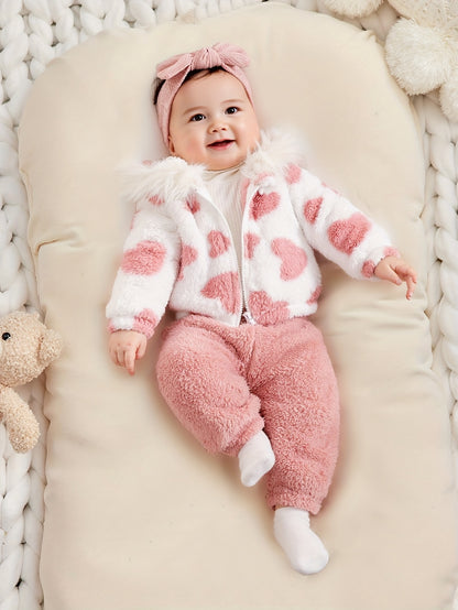 A Set of Warm Clothes for Baby Girls, Warm Hooded Fleece Jacket, Cardigan Top + Elastic Waist Warm Pants, Autumn And Winter Style, Cute Cold-Proof Jacket for Girls, Fur Zipper Outerwear, Outdoor Clothing Set, Newborn Children