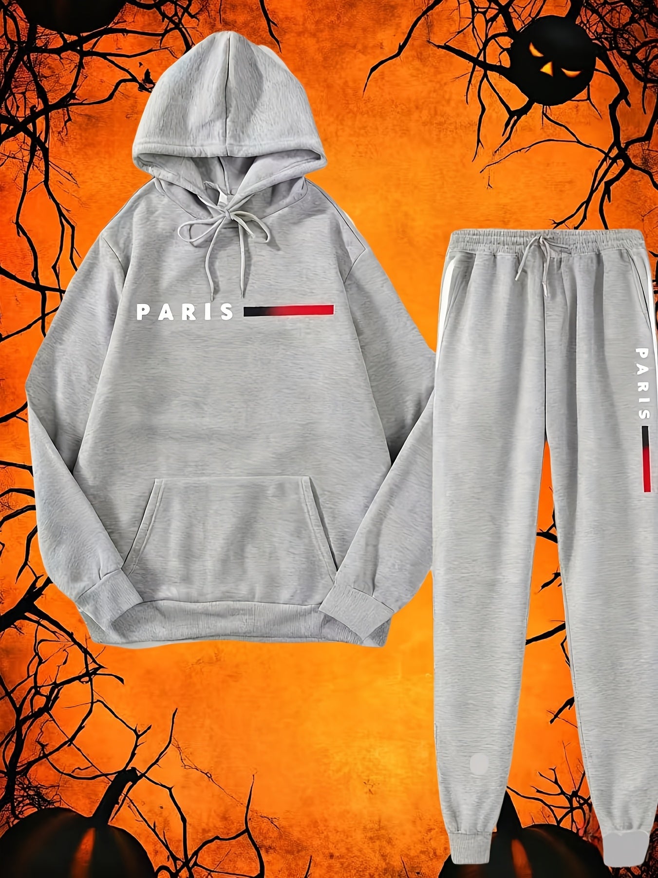 Halloween Men'S Hoodie with PARIS Lettering And Drawstring Sweatpants Set, a Must-Have Outfit for Autumn And Winter, Perfect for Everyday Outdoor Wear - ayq