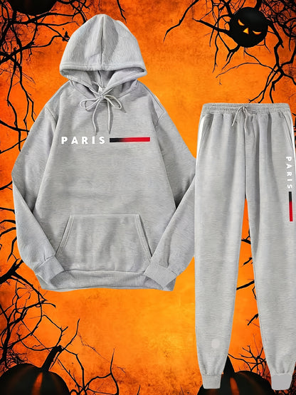 Halloween Men'S Hoodie with PARIS Lettering And Drawstring Sweatpants Set, a Must-Have Outfit for Autumn And Winter, Perfect for Everyday Outdoor Wear - ayq