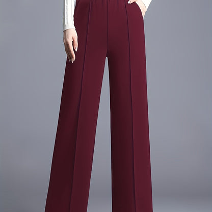 Elegant Maroon High-Waist Straight-Leg Pants for Women - Stretchy, Loose Fit with Slant Pockets, Ideal for Work & Daily Commute, Polyester Blend, All-Season Wear
