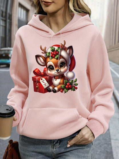 Women's Christmas Deer & Reindeer Print Hoodie - Cozy Winter Pullover Sweatshirt with Cute Deer Headband-Like Hood, Slim-Fit Casual Jacket for Holiday Parties, Xmas Outfits & Cold Weather (Machine Washable), Fall Clothes For
