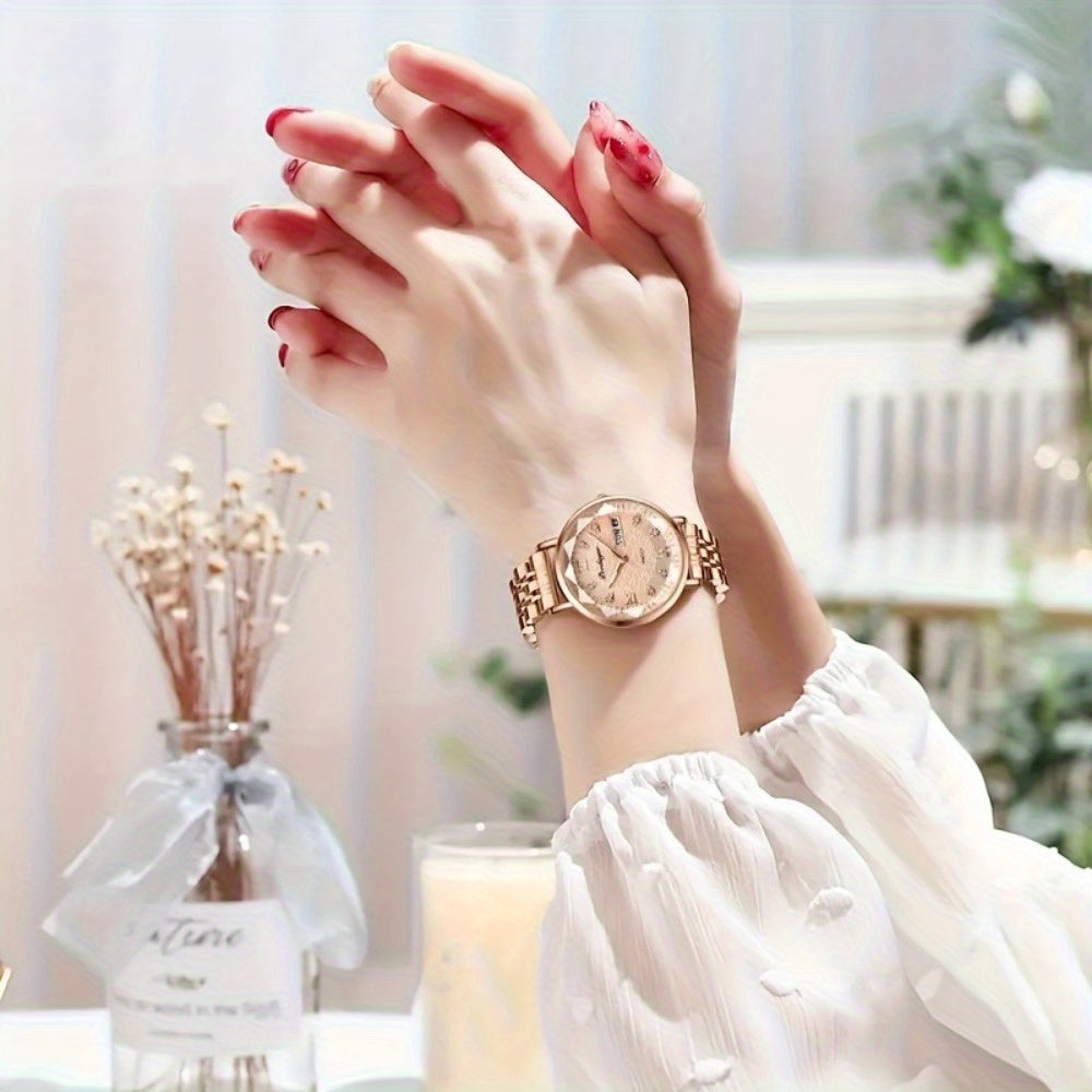 Elegant Women's Quartz Watch with Rose Gold Alloy Case