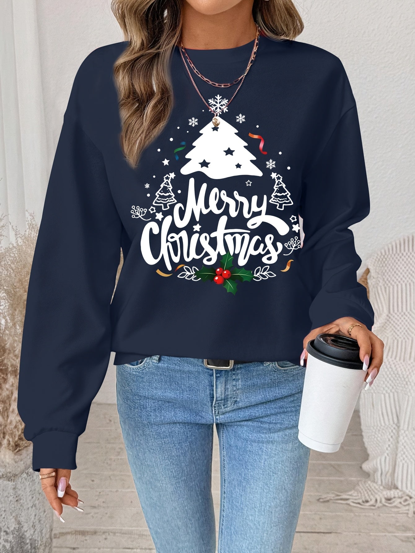 Women's Red Christmas Tree & Lettering Sweater - Cozy Winter Pullover with Round Neck Long Sleeve, Thickened Sweating-Reducing Blouse for Xmas Party Outfits, Family Gatherings (Machine Washable, Autumn/Winter Clothing)