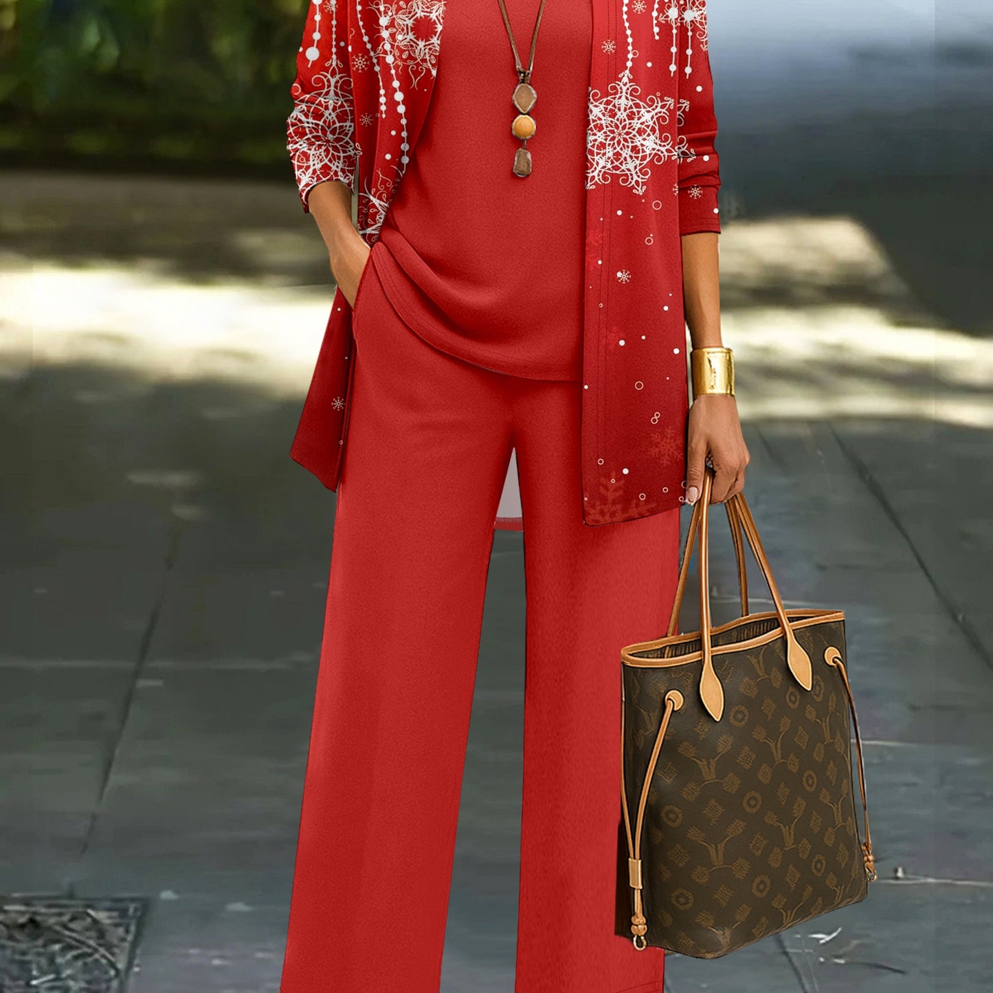 Red Base Pattern Print Top and Pants Three-Piece Set, Spring Summer Autumn Winter Versatile Fashion Full-Body Print Long Sleeve Jacket Solid Color Round Neck