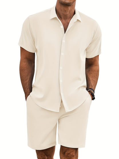 Men'S 2pcs Summer Beach Set, Cotton Linen Blend, Casual Short Sleeve Button- Shirt and Shorts, Solid Color, Lapel Collar, Non-Stretch Fabric, Regular Fit, Woven, 160g/m² - Loungewear Outfit