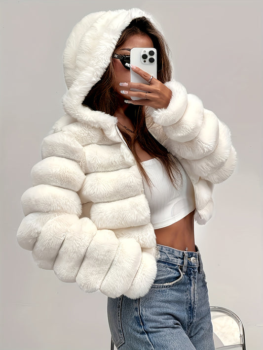 Elegant Women's Short Hooded Plush Coat for Fall/Winter