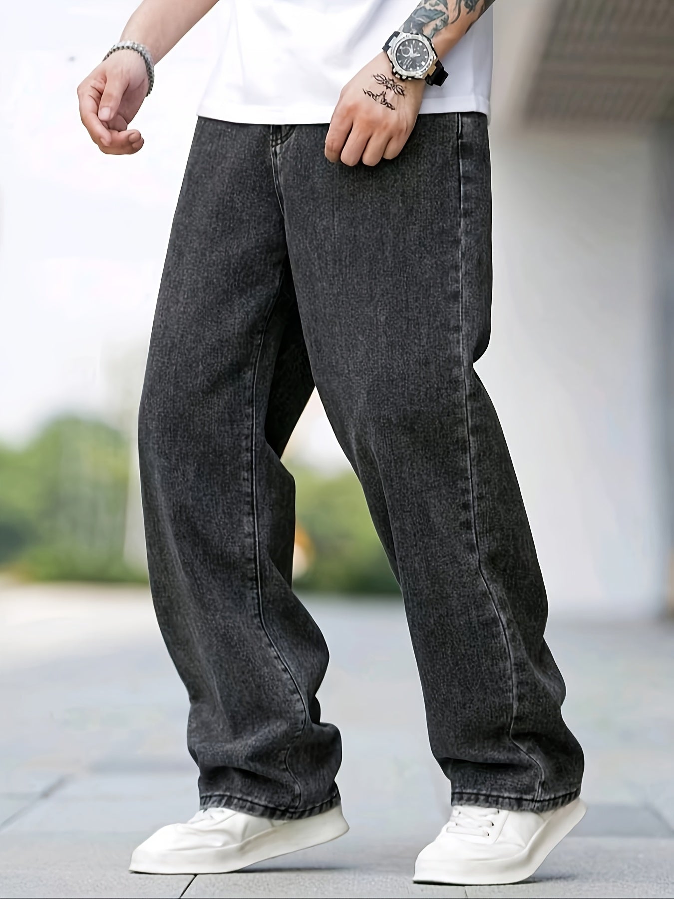 1pc Men'S Mid-Waist Loose Fit Denim Jeans - Street Style Solid Color Cotton Blend Pants with Flakes Detail, Zipper Fly, Belt Loops, All-Season Comfort for Weekend Casual Wear