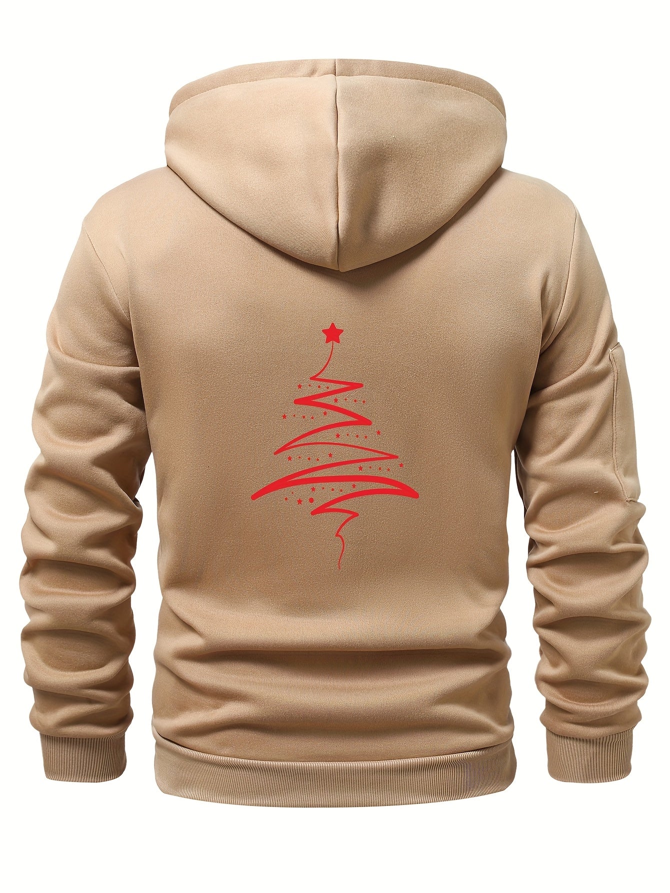 Men'S Minimalist Red & Christmas Tree Print Hooded Sweatshirt - Long Sleeve Casual Pullover with Piping, Regular Fit Winter Warmth for Holiday Parties, Outdoor Activities & Casual Attire, Christmas Sweatshirt, Seasonal Fashio