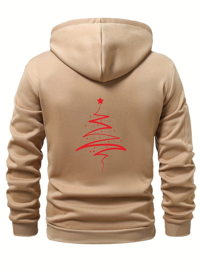 Men'S Minimalist Red & Christmas Tree Print Hooded Sweatshirt - Long Sleeve Casual Pullover with Piping, Regular Fit Winter Warmth for Holiday Parties, Outdoor Activities & Casual Attire, Christmas Sweatshirt, Seasonal Fashio
