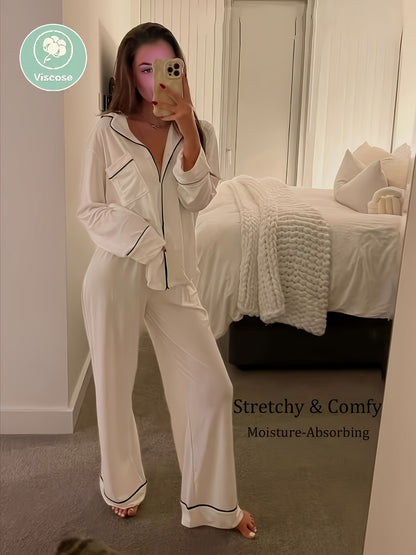 Women's Casual Modal Pajama Set with Stretchy Long Sleeves - ayq