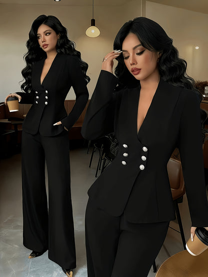 Women's Chic Solid Color Polyester Pants Set for All Seasons