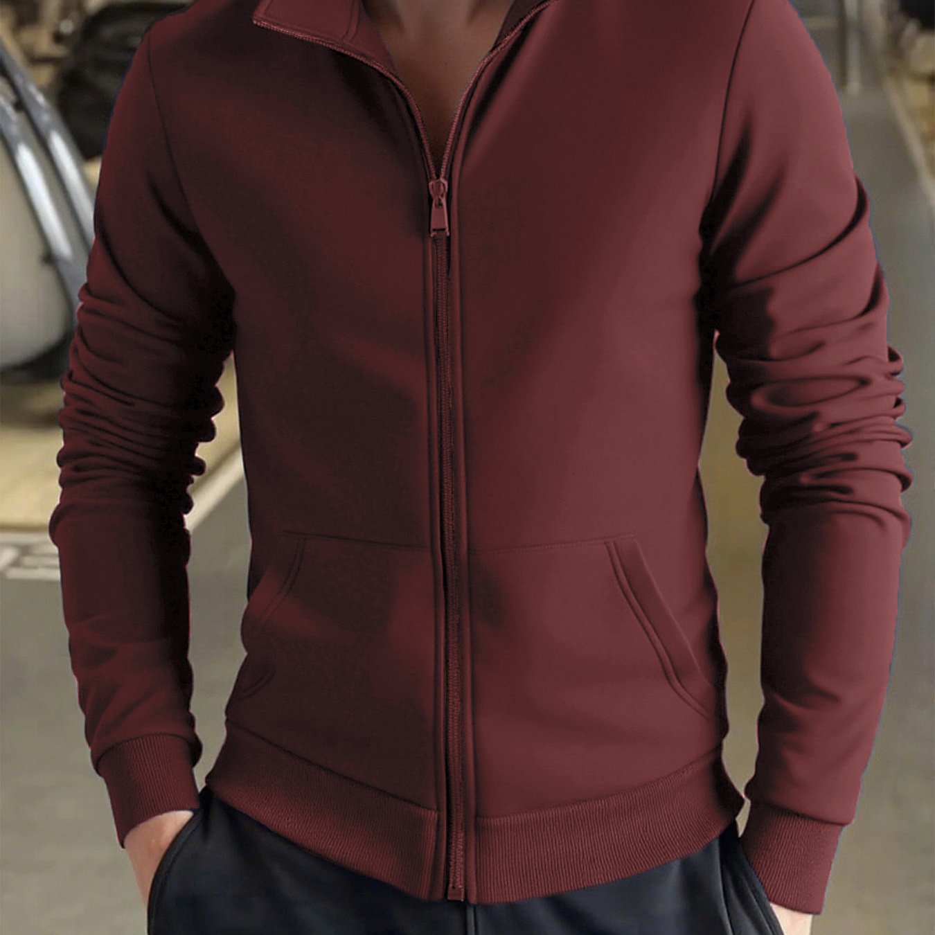 Men's Solid Color Green Full-Zip Stand Collar Jacket - Lightweight Workwear Coat with Zippered Pockets, Machine Washable, Regular Fit for Gym, Hiking, Casual & Outdoor Activities - Versatile All-Season Outerwear