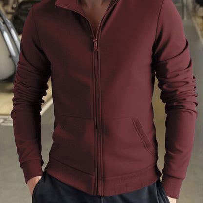 Men's Solid Color Green Full-Zip Stand Collar Jacket - Lightweight Workwear Coat with Zippered Pockets, Machine Washable, Regular Fit for Gym, Hiking, Casual & Outdoor Activities - Versatile All-Season Outerwear