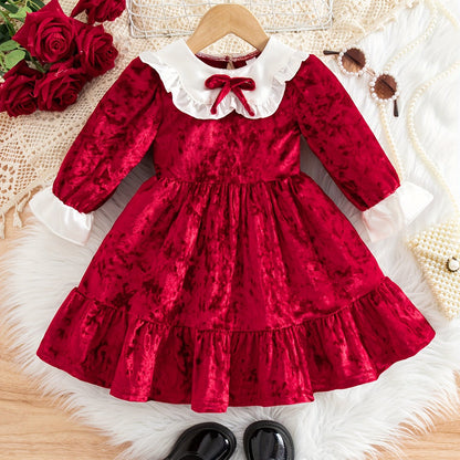 Girls' Elegant Dress with Bow Detail - Cozy Loose Fit Long Sleeve Party Dress for Christmas, New Year'S & Winter Events, Perfect Gift for Youngsters, Christmas Dresses for Girls, Festive Youngsters'S Attire, Soft Texture Appa