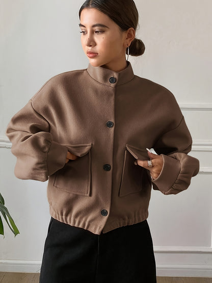 Women'S Elegant Brown Fleece Jacket - Winter Coat with Single-Breasted Button Front, Long Sleeve Tunic Length, Machine Washable & Wrinkle-Resistant, Cozy Outerwear For Fall/winter, Casual To Formal Events, Winter Jacket For W