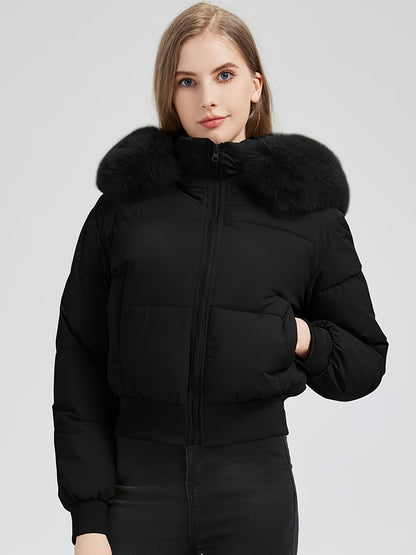 Women'S Winter Jacket - Elegant Short Coat with Detachable Hood, Zippered Pockets, Warm Outerwear for Cold Weather, Office, Parties, Everyday - Chic Winter Clothing for Women, Party Wear, Sleek Design, Cozy Lining, Fashioncon