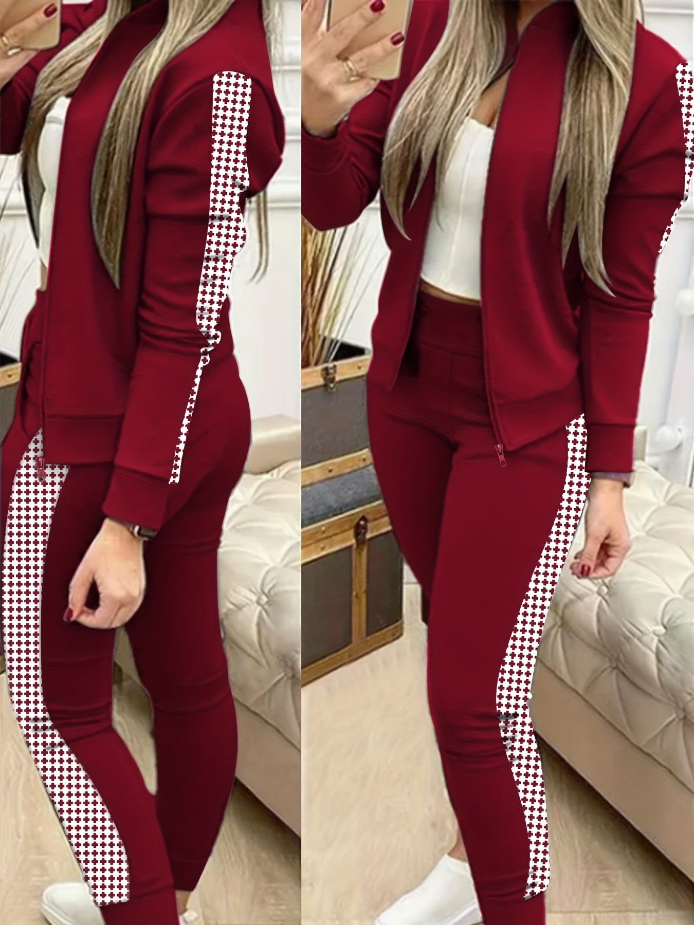 Two-Piece Outfit for Women Featuring a Geometric Design, Long-Sleeve Zip-Up Jacket, And Pants with Symmetrical Pockets - ayq