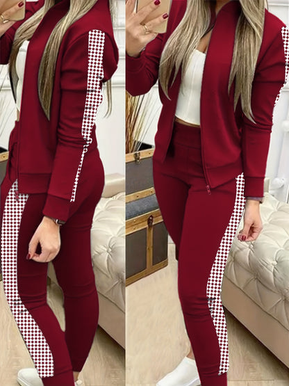 Two-Piece Outfit for Women Featuring a Geometric Design, Long-Sleeve Zip-Up Jacket, And Pants with Symmetrical Pockets - ayq