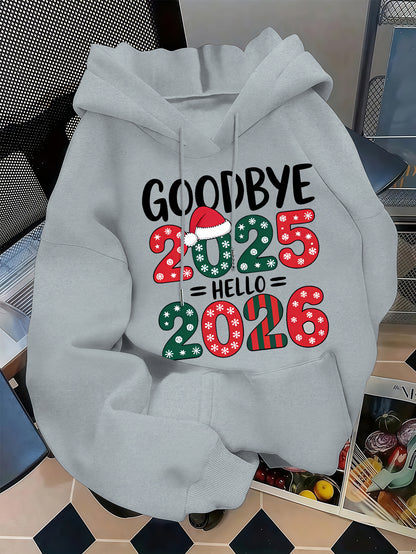 Men's 2025 New Year Red Hooded Sweatshirt - Christmas & New Year's Eve Party Sweater with Goodbye 2024/ 2025 Print, Snowflakes & Santa Hats, Machine Washable Winter Pullover for Holiday Celebrations