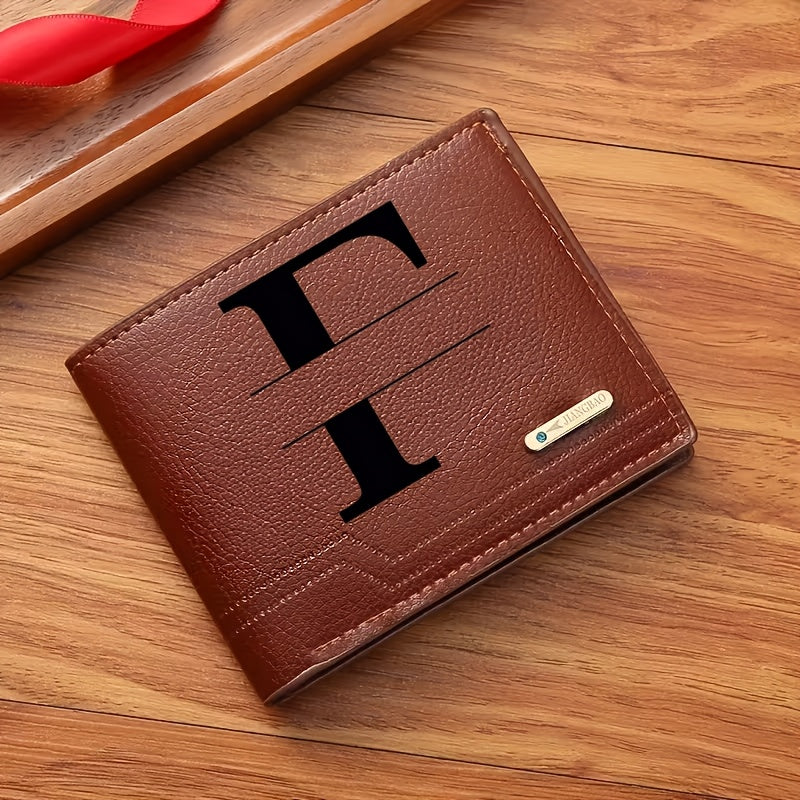 1pc Men's Business Style Faux Leather Wallet, Customizable Text and Initials, Solid Color Faux Leather with Contrast Accents, Compact Short Bifold Design for Easy Carrying - Perfect Birthday Gift for Boyfriend and Father, Per