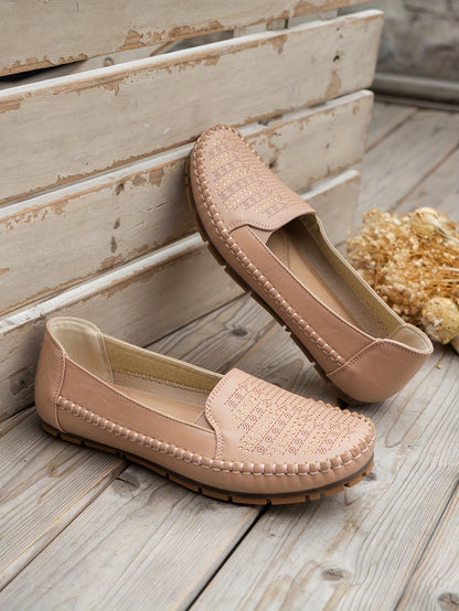 Women's Retro Perforated Flat Shoes, Comfy Breathable Round Toe Slip On Shoes, Casual Outdoor Loafers
