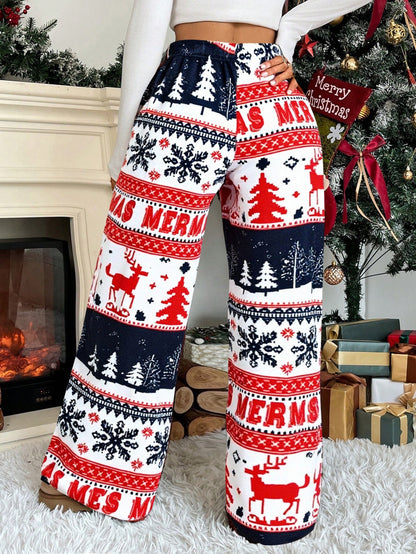 Women'S Winter Warmth Pants - Cozy Fleece-Lined Wide-Leg Trousers with Elastic Waist & Cuffed Hem, Red & Snowflake & Reindeer Print, Bohemian Style For Cold Weather, Winter Pants, Cold Weather Apparel, Soft Fabric Trousers, L