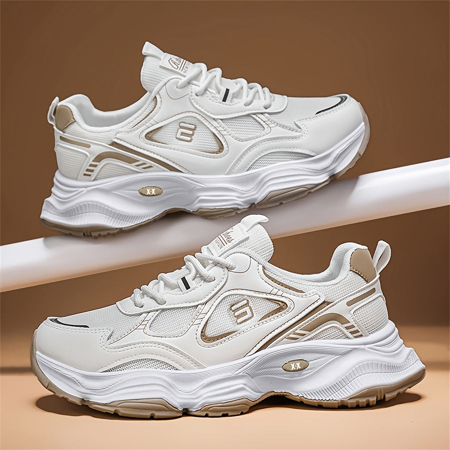Men'S 2025 New Fashionable Low-Top Sneakers with Thick Sole - Non-Slip, Outdoor Casual Shoes for Teenagers and Young Adults, White and Golden Accents, All-Season Comfort, Casual Footwear   Modern Sneaker Design   Rubber Base
