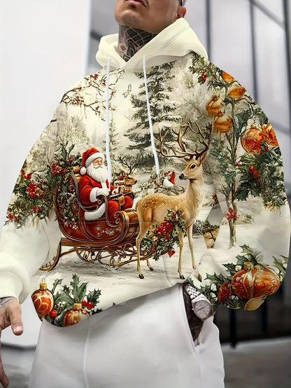 Men'S Plus Size 3D High-Definition Christmas Hooded Sweatshirt - Santa Claus & Reindeer Print, Loose Fit Winter Warmth, All-Season Casual Pullover with Pockets, Christmas Sweatshirt, Festive Clothing, Holiday Apparel, Holiday
