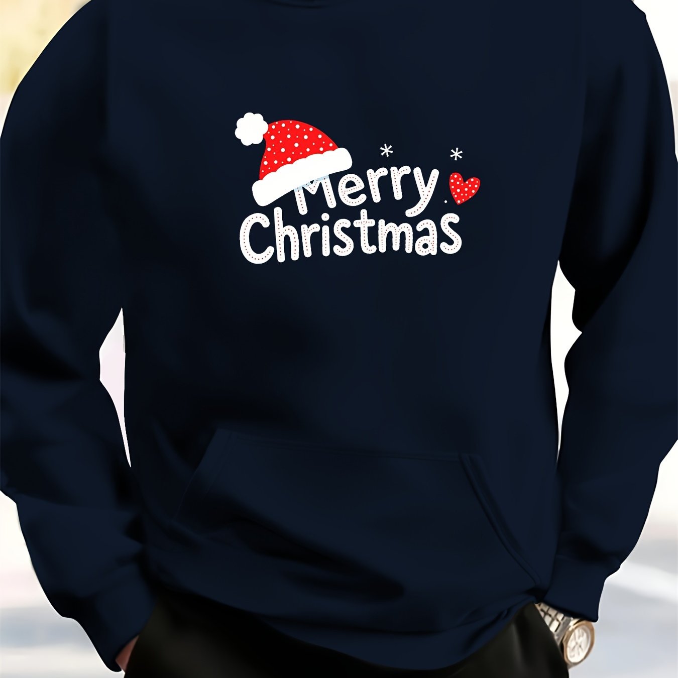Men's White Christmas & New Year Oversized Sweatshirt - Long Loose Fit Casual Sweater with Pocket, Red Polka Santa Hat & Holly Berry Logo, Pink Heart Accent - Holiday Party Winter Wear (Machine Washable)