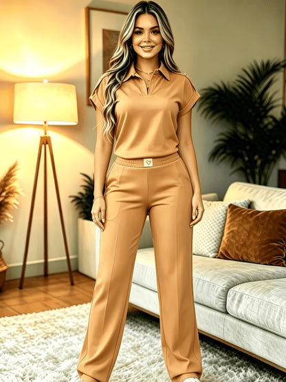 Women’s Casual Two-Piece Set: Solid Short Sleeve Top & Elastic Waist P