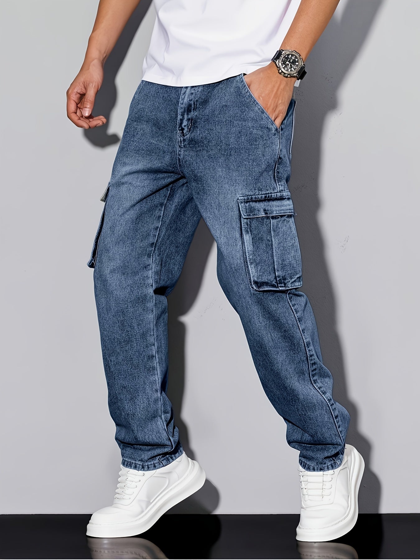 Youth Stretch Denim Work Pants with Multi-Pockets, Elastic Waist