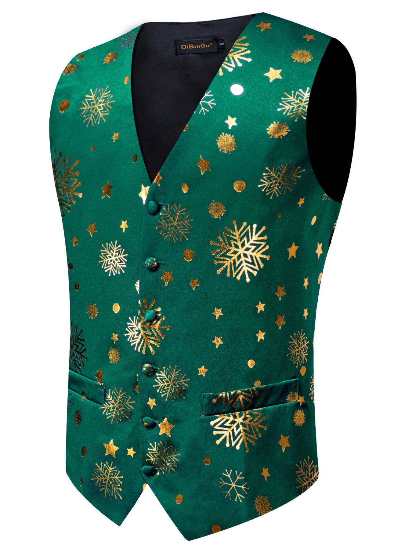 DOCAPEITON Men'S Christmas Vest - Formal & Casual Holiday Party Outfit with Button Front Closure, Non-Stretch Fabric - Green & Golden Snowflake, Tree, Firework Designs - Perfect for Xmas, New Year's, Weddings - Adult Men'S Fe