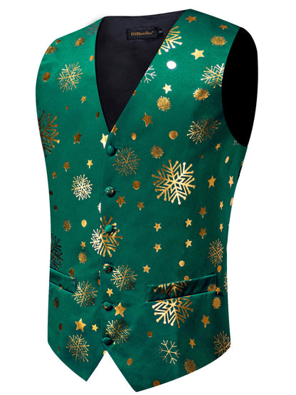 DOCAPEITON Men'S Christmas Vest - Formal & Casual Holiday Party Outfit with Button Front Closure, Non-Stretch Fabric - Green & Golden Snowflake, Tree, Firework Designs - Perfect for Xmas, New Year's, Weddings - Adult Men'S Fe