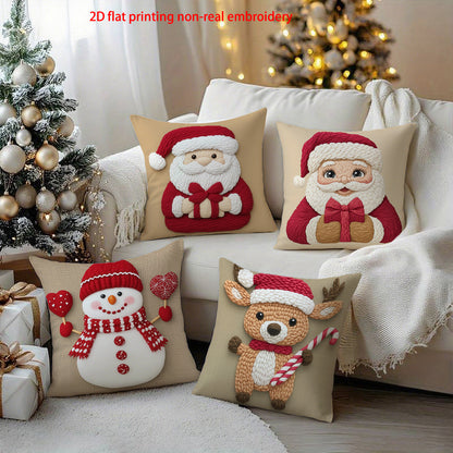 4pcs- Digital Print Single-Sided Polyester Pillowcase with Festive Designs (Pillow core not included) Holiday Decoration Home Decor Sofa Pillow Cover, Modern Sofa Square Decorative Cushion Cover Merry Christmas/Happy New Year