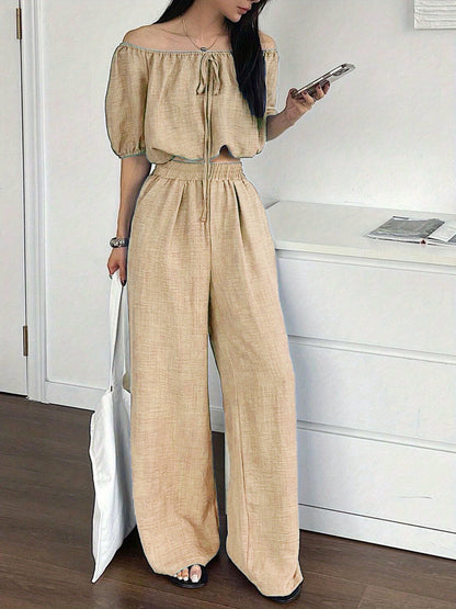 Women's Summer Solid Color Off-Shoulder Puff Sleeve Crop Top and Loose Wide-Leg Pants Two-Piece Set - ayq
