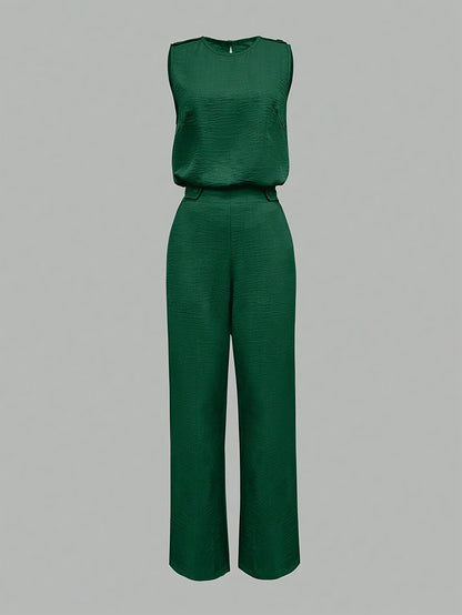 2pcs Women's Casual Elegant Sleeveless Vest and Pants Set with Slant Pockets and Button Details