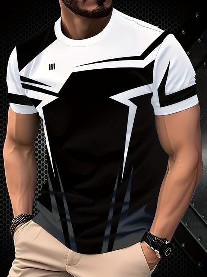 Men'S 3D Printed Short Sleeve T-Shirt - Stylish Black and White Geometric Design, Lightweight Polyester Fabric, Regular Fit Crew Neck for Casual Wear, Modern Apparel   Geometric Pattern Shirt   Lightweight Tshirt