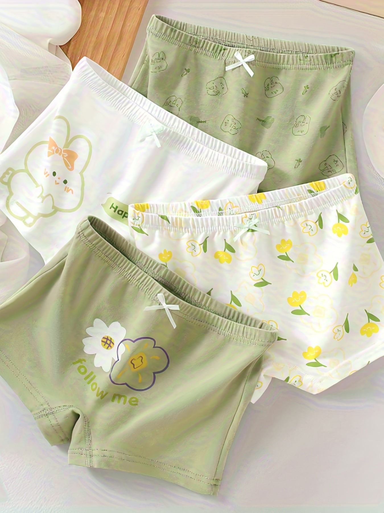 Girls' Cotton Boxer Underwear with Cute Rabbit Prints - 4 Pack