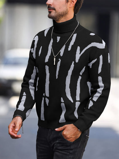 Men's Zebra Stripe Knit Sweater - High Neck Winter Pullover with Zebra Stripes, Warm Casual Sweaters for Weather, Hand Washable Fall/Winter Wardrobe Essential (Regular Fit)