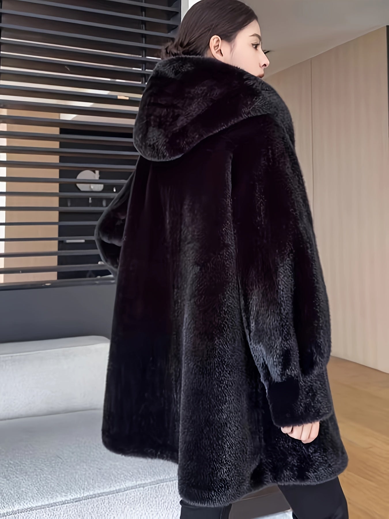 Women's Oversized Faux Fur Coat with Plush Collar & Full-Length Fur Trim - Winter Warm A-Line Mid-Length Jacket, Machine Washable Large Size Winter Coat for Women, Elegant Outerwear for Casual & Formal Events (Solid Black, Br