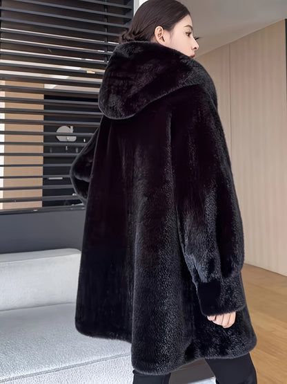 Women's Oversized Faux Fur Coat with Plush Collar & Full-Length Fur Trim - Winter Warm A-Line Mid-Length Jacket, Machine Washable Large Size Winter Coat for Women, Elegant Outerwear for Casual & Formal Events (Solid Black, Br