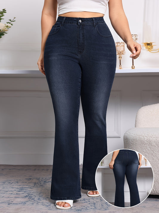 Plus Size Flare Leg Plain Washed Casual ոճի կայծակաճարմանդ կոճակով փակվող ջինսե տաբատ, կանացի ջինսե ջինսեր և հագուստ