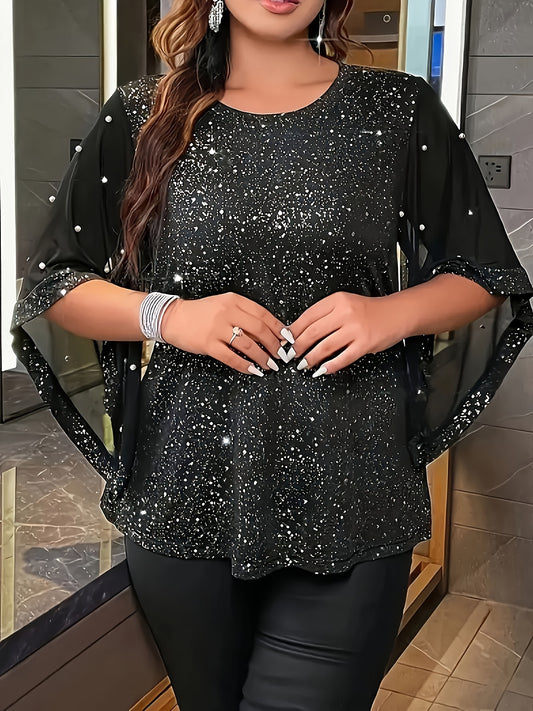 Շողշողացող հմայքը, էլեգանտ Plus Size կանացի վերնաշապիկ՝ փայլուն սեկվիններով և արհեստական ​​մարգարիտներով՝ ասիմետրիկ թևերով, կլոր վզով, ձգվող գործվածք՝ գարուն/ամառ