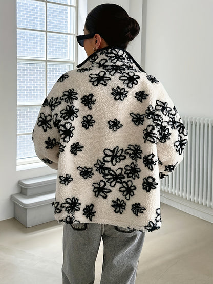 Կանացի հարմարավետ բրդյա երիզով ծաղկային նախշերով բաճկոն - առօրյա երկար թևքով կայծակաճարմանդով սև և սպիտակ ծաղկային նախշերով, փափուկ տաք վերնազգեստ աշուն/ձմեռ, հարմարավետ աշնանային հագուստ | Ծաղկային նախշերով բաճկոն | Կայծակաճարմանդով բաճկոն