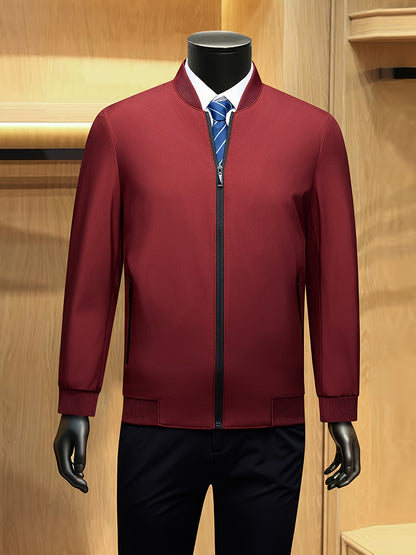 Men's Solid Burgundy (or other colors available) Slim-Fit Full-Length Zip-Up Jacket - Lightweight Business Casual Coat with Full-Length Zipper Closure, White Collar & Full-Length Zip Jacket for Office, Semi-Formal & Semi-Prof